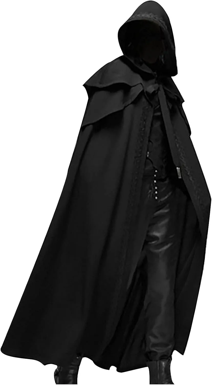 hhaappyy Men's Halloween Hooded Robe Cloak Full Length Cape Knight Fancy Cool Cosplay Costume Retro Gothic Hooded Cloak Capes, Black, X-Large