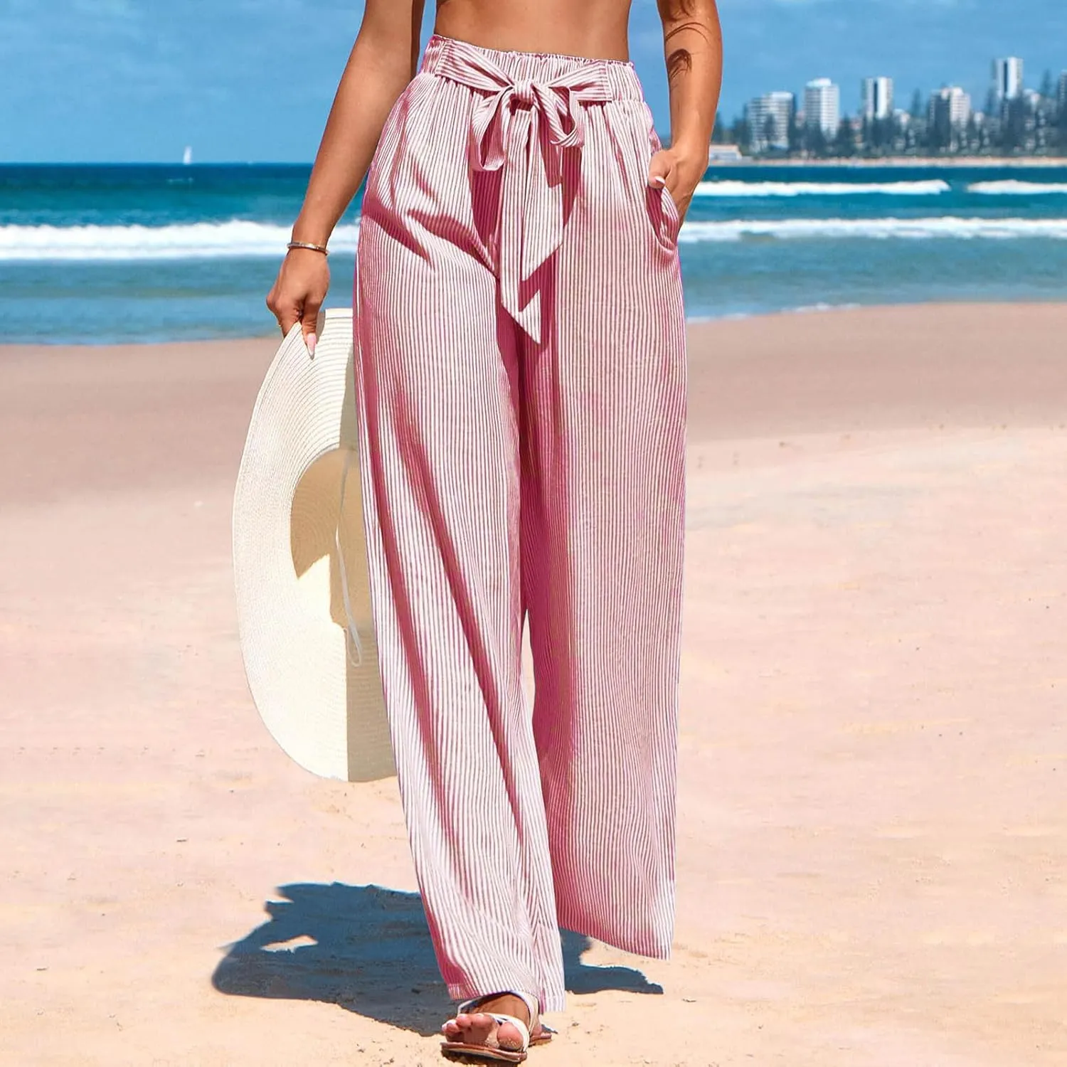 High Waisted Palazzo Pants for Women Wide Leg Paperbag Pant Casual Summer Flowy Lounge Trousers Beach Boho Outfits