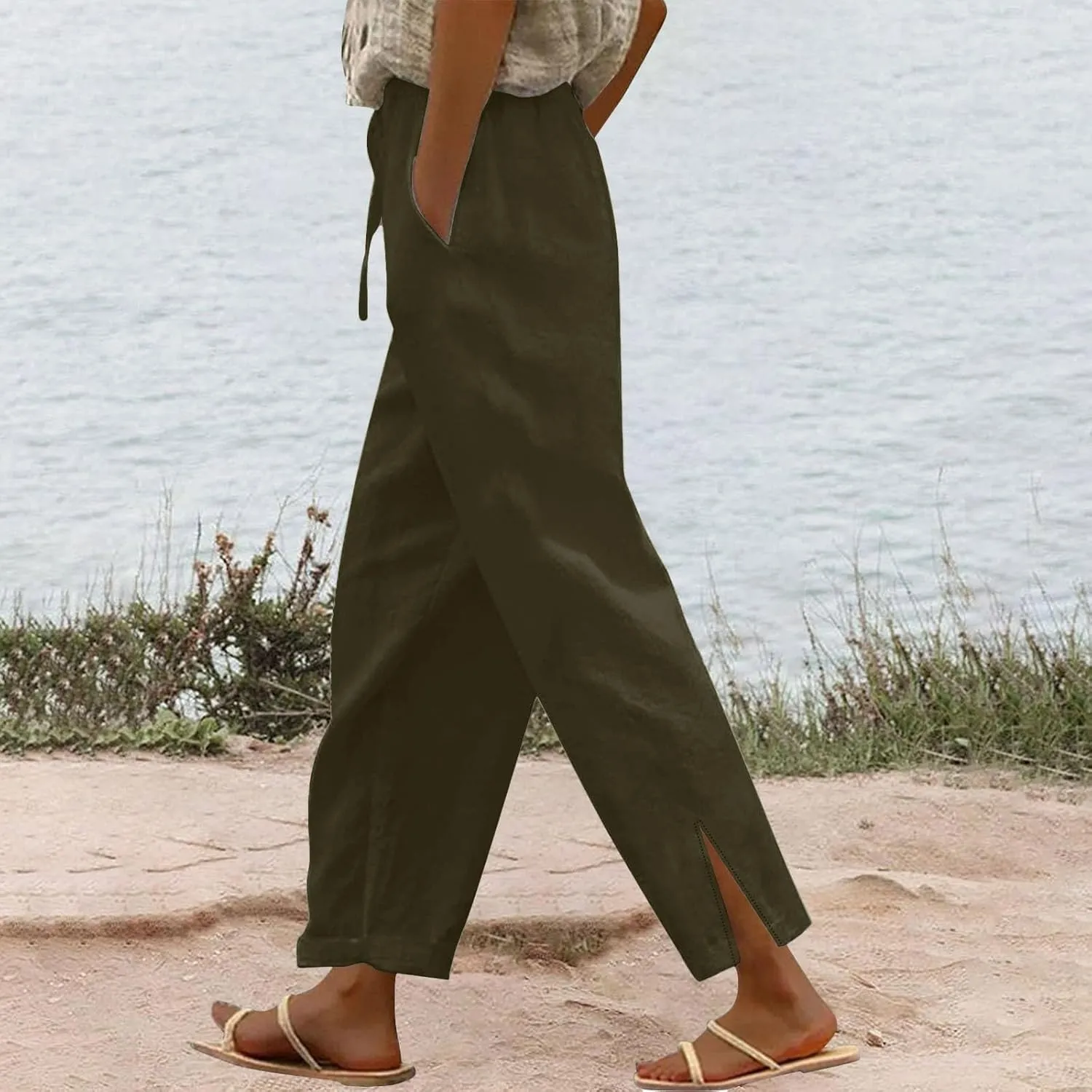 High Waisted Women's Linen Pants Comfy Wide Leg Long Trousers Flowy Cotton Linen Pants 2025 Summer Palazzo Slacks