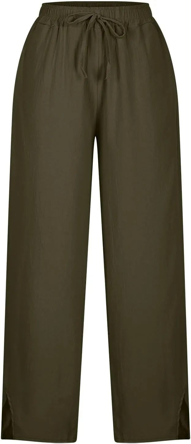High Waisted Women's Linen Pants Comfy Wide Leg Long Trousers Flowy Cotton Linen Pants 2025 Summer Palazzo Slacks