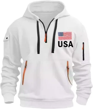 Hoodies for Men Quarter-Zip Pullover Tactical Sweatshirt USA Flag Print Vintage Casual Fashion Hoodie With Pockets
