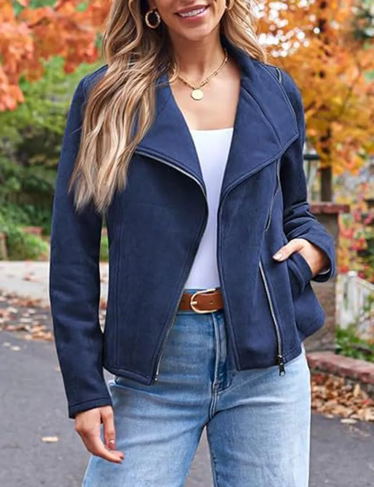 IDEALSANXUN Cropped Suede Jacket Women Fall Winter Casual Coats Zip Up Faux Leather Bomber Moto Jackets