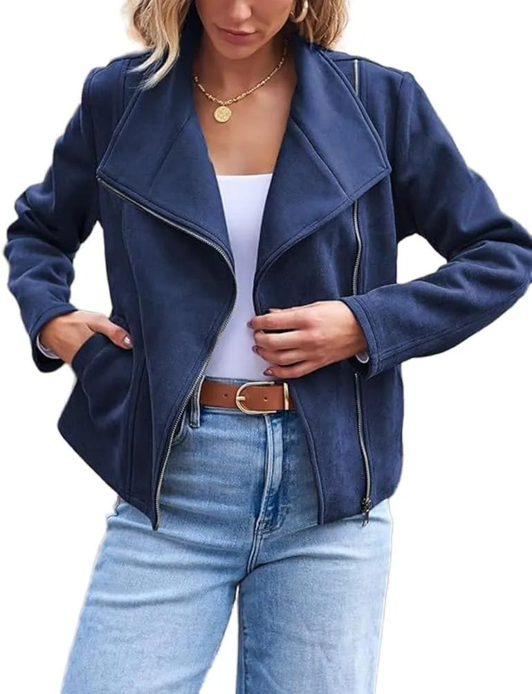 IDEALSANXUN Cropped Suede Jacket Women Fall Winter Casual Coats Zip Up Faux Leather Bomber Moto Jackets