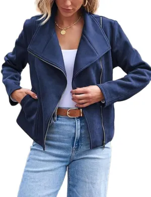 IDEALSANXUN Cropped Suede Jacket Women Fall Winter Casual Coats Zip Up Faux Leather Bomber Moto Jackets