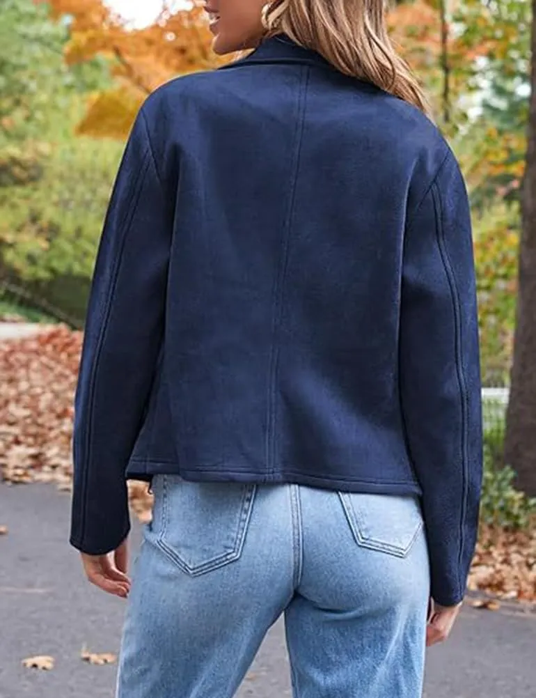IDEALSANXUN Cropped Suede Jacket Women Fall Winter Casual Coats Zip Up Faux Leather Bomber Moto Jackets