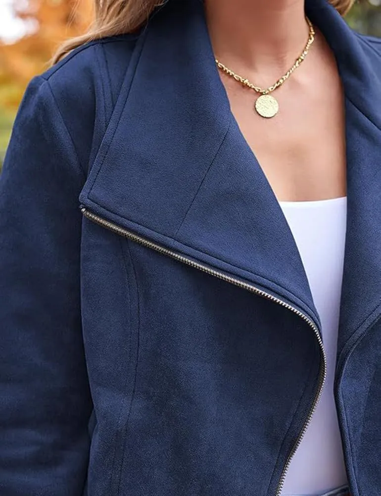 IDEALSANXUN Cropped Suede Jacket Women Fall Winter Casual Coats Zip Up Faux Leather Bomber Moto Jackets