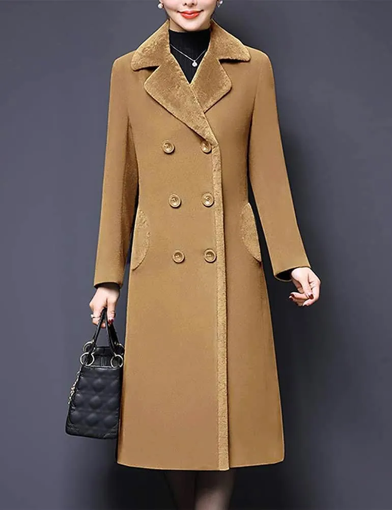 IDEALSANXUN Fur Collar Wool Coats for Women Double Breasted Long Peacoat Jackets