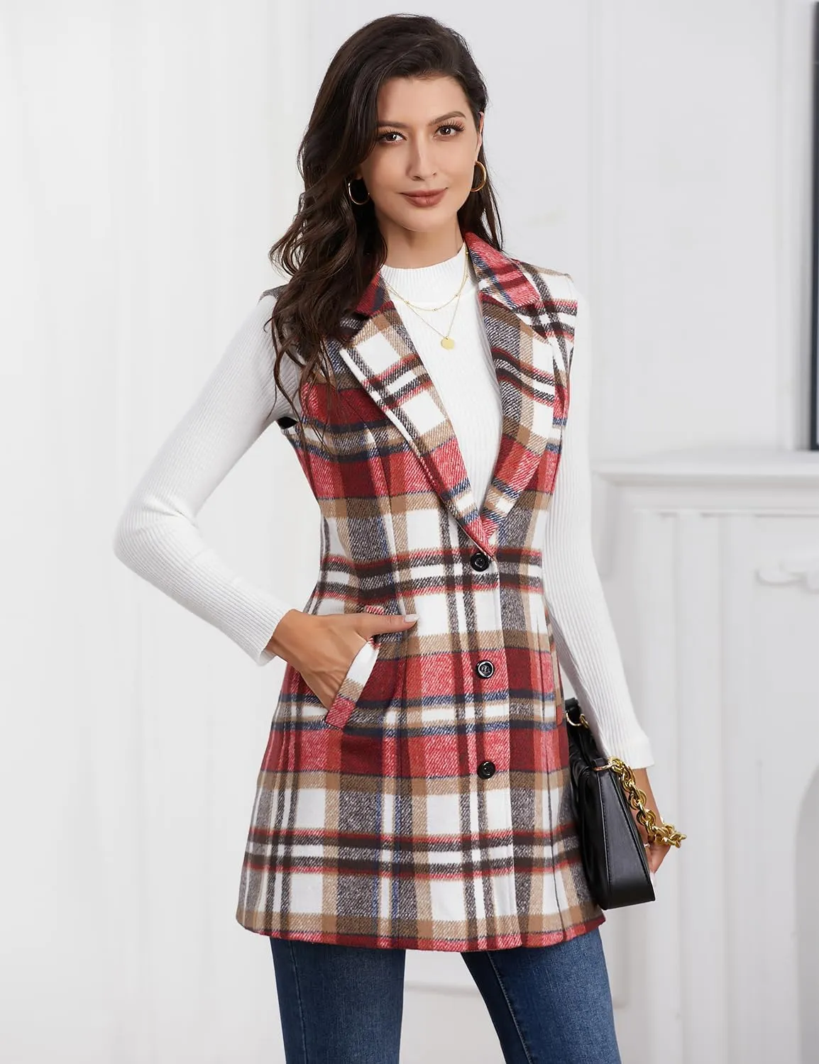 IDEALSANXUN Plaid Vest for Women Fall Winter Sleeveless Blazer Jackets