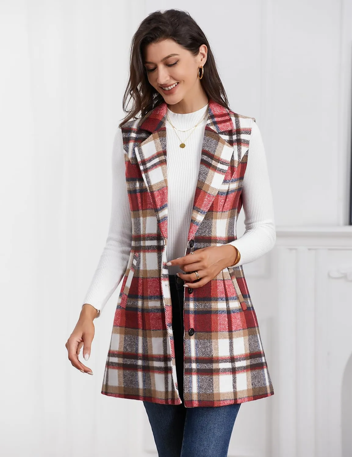 IDEALSANXUN Plaid Vest for Women Fall Winter Sleeveless Blazer Jackets
