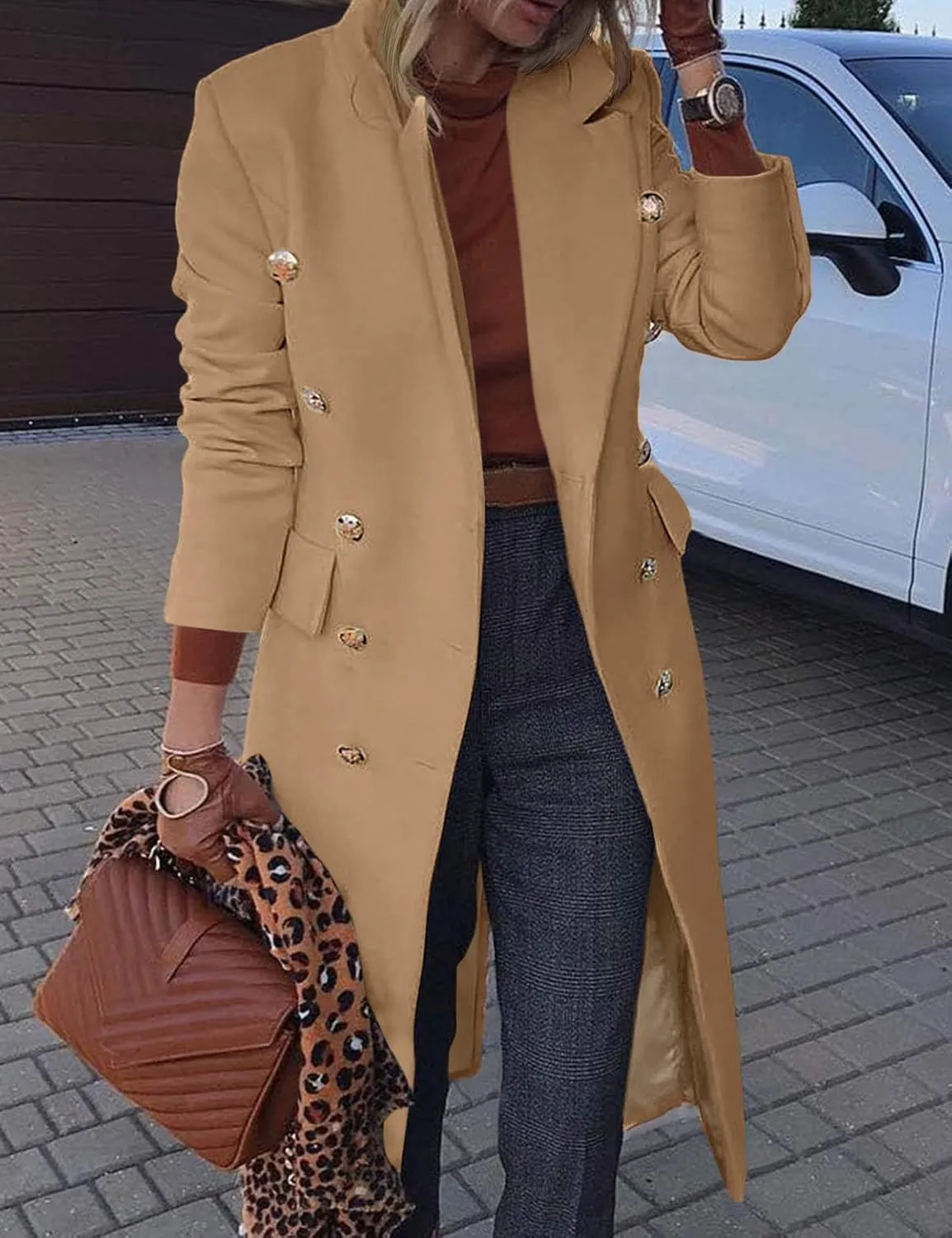 IDEALSANXUN Wool Coats for Women Fall Winter Dress Peacoat Long Trench Coat Double Breasted Blazer Jackets Overcoat
