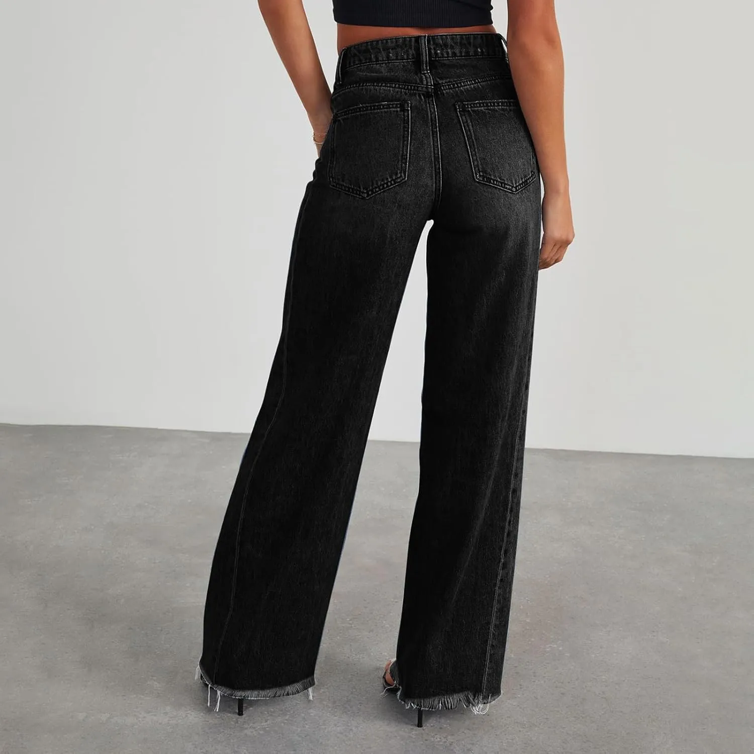 Jeans for Women Wide Leg High Waisted Strechy Raw Hem Denim Pants Classic Stylish Going Out Trousers with Pockets