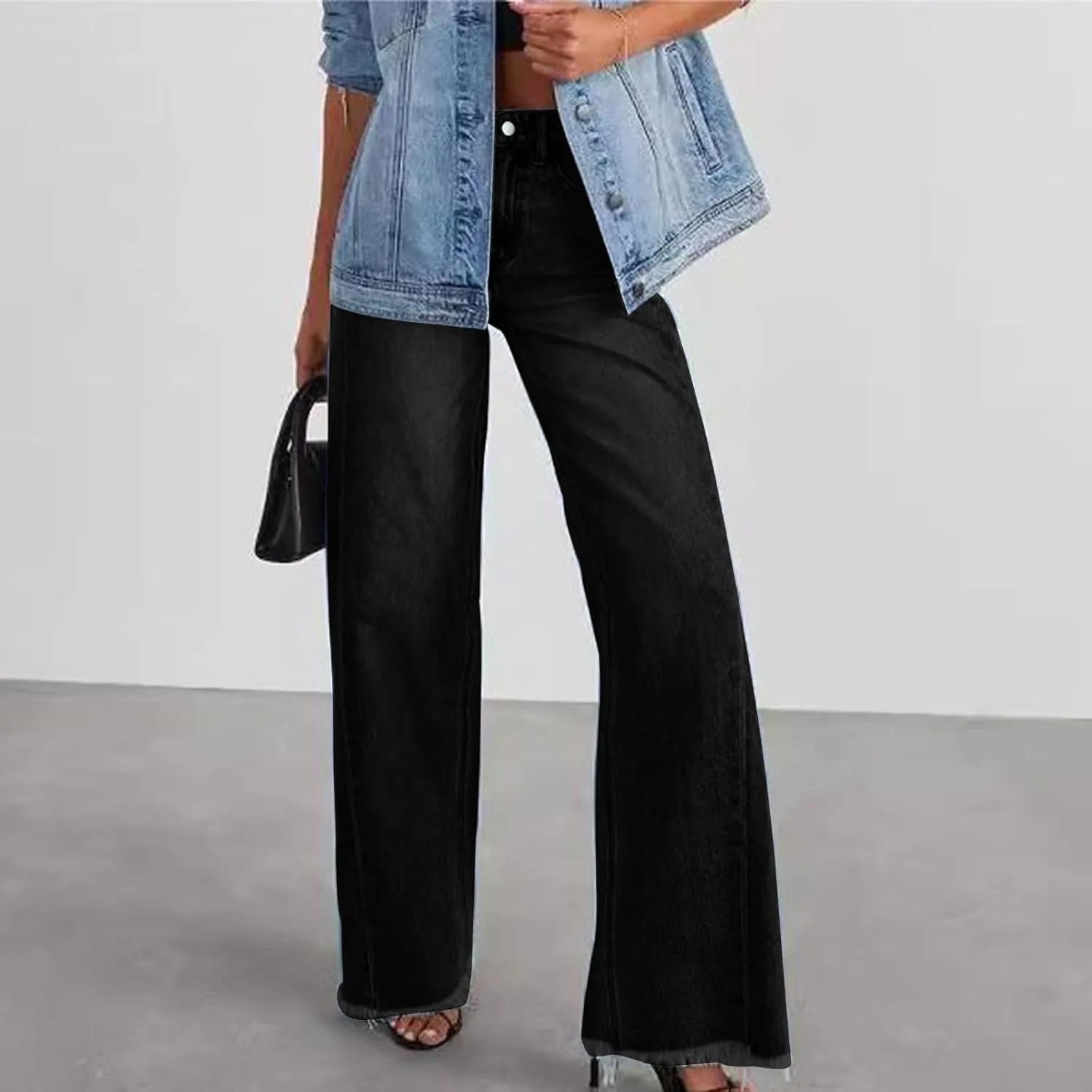 Jeans for Women Wide Leg High Waisted Strechy Raw Hem Denim Pants Classic Stylish Going Out Trousers with Pockets