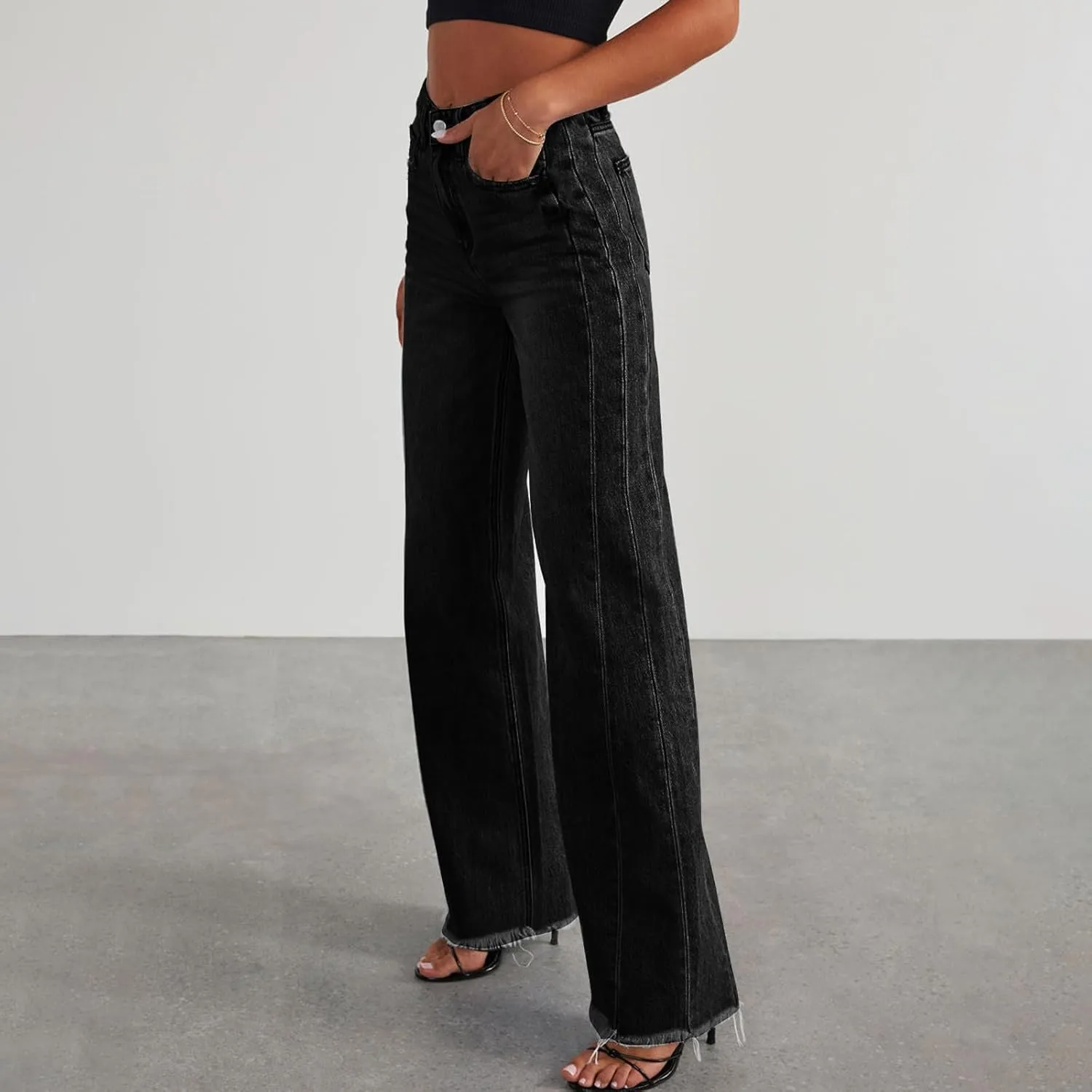 Jeans for Women Wide Leg High Waisted Strechy Raw Hem Denim Pants Classic Stylish Going Out Trousers with Pockets