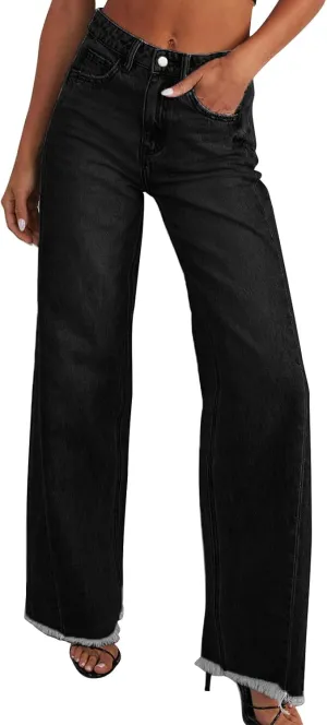 Jeans for Women Wide Leg High Waisted Strechy Raw Hem Denim Pants Classic Stylish Going Out Trousers with Pockets