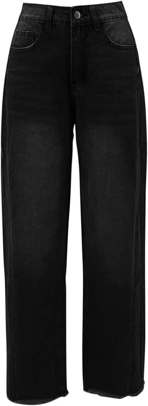 Jeans for Women Wide Leg High Waisted Strechy Raw Hem Denim Pants Classic Stylish Going Out Trousers with Pockets