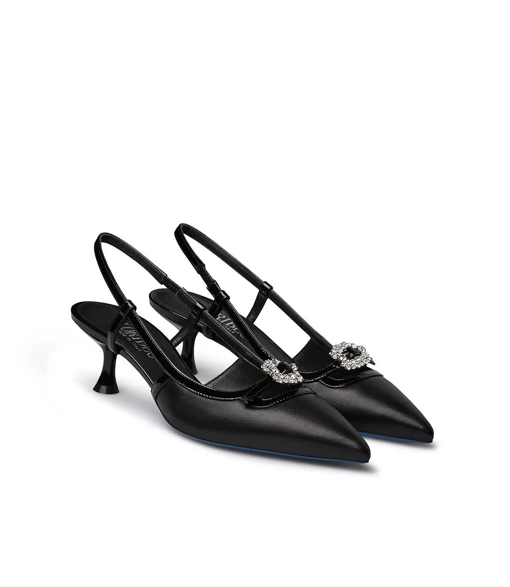 Jewel embellished black nappa leather slingback pumps