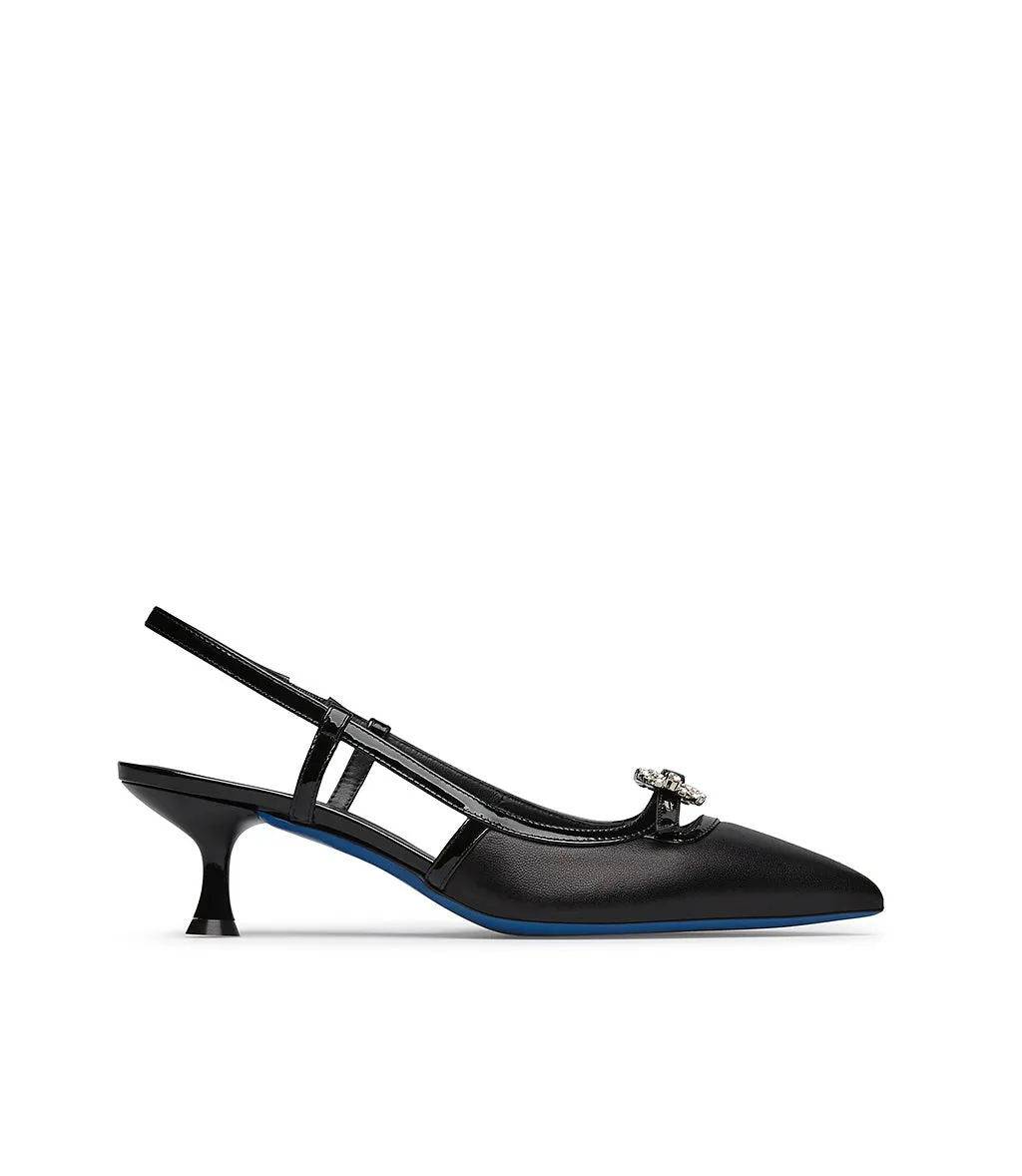 Jewel embellished black nappa leather slingback pumps