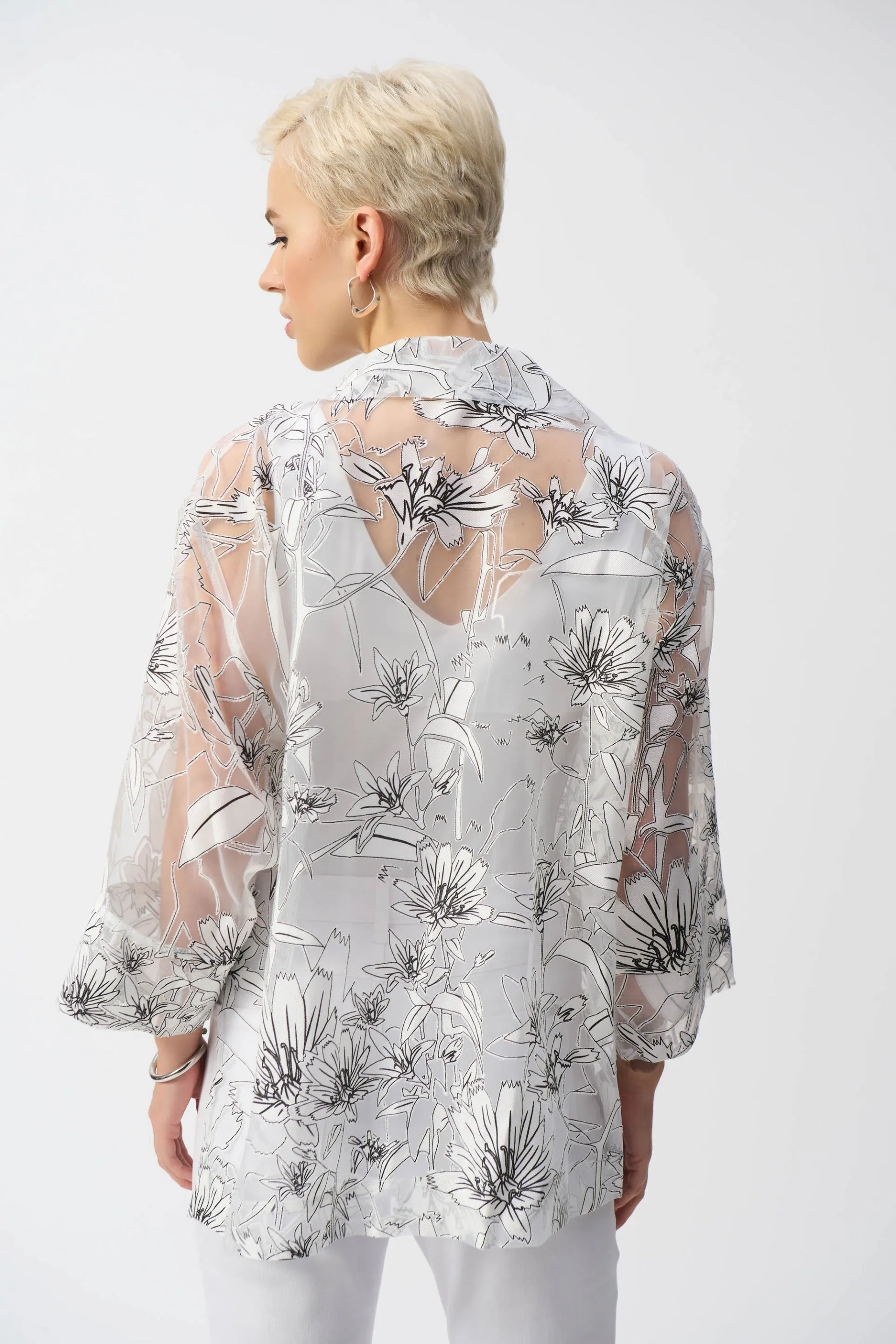 Joseph Ribkoff White/Black Organza Floral Print Boxy Cover-Up Style 251102