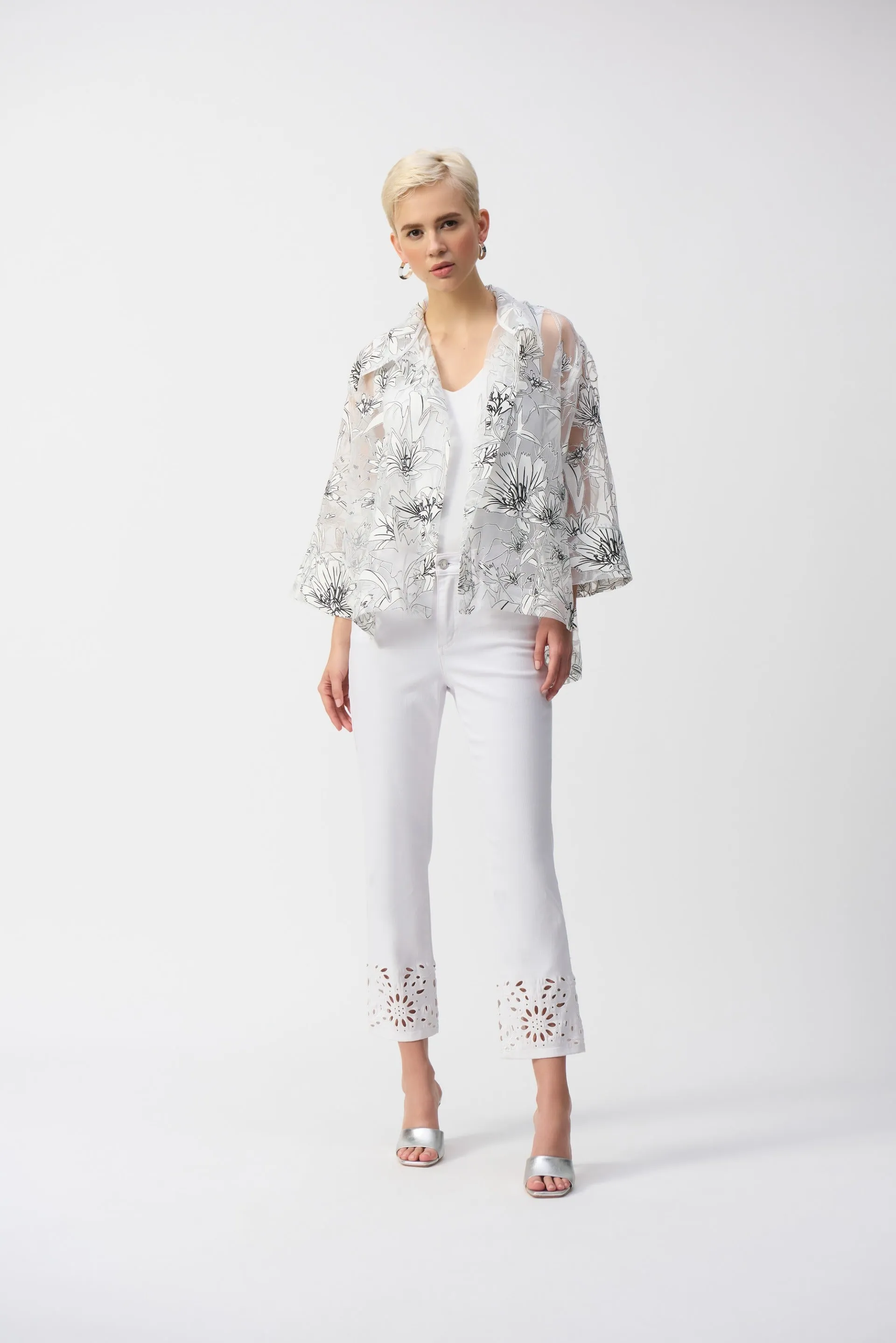 Joseph Ribkoff White/Black Organza Floral Print Boxy Cover-Up Style 251102