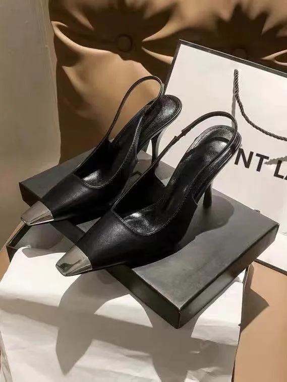 Joskaa Square Toe Patent Leather Black Metal Toe Pumps