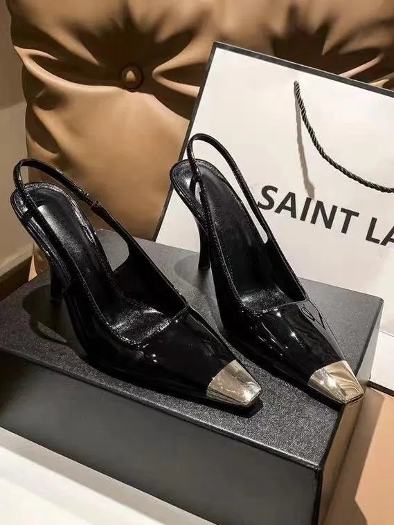 Joskaa Square Toe Patent Leather Black Metal Toe Pumps