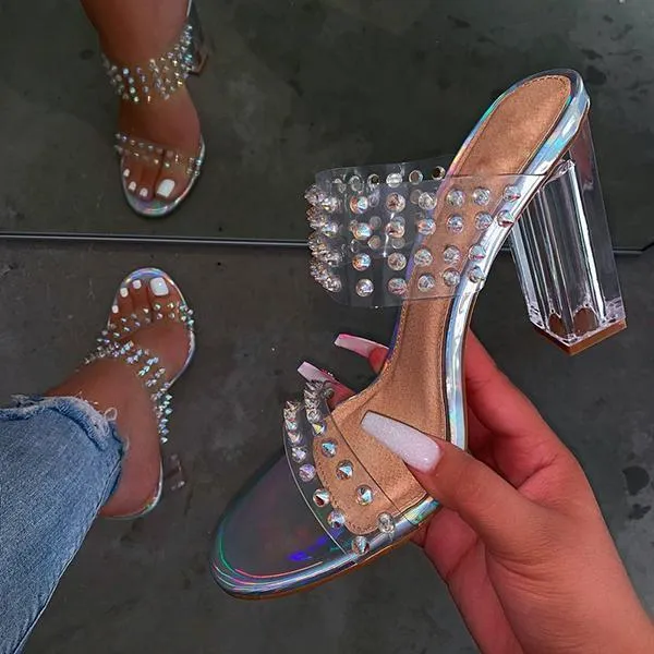 Kimemoda Womens Clear High Heels Rivet Slip On Sandals