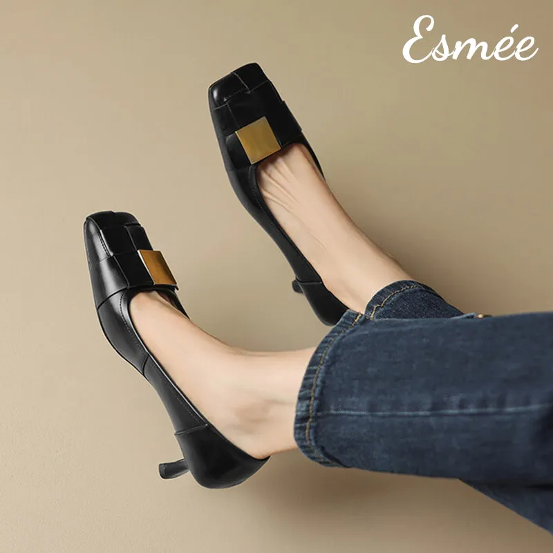 Leather High Heels with Wide Woven and Metal Buckle Design