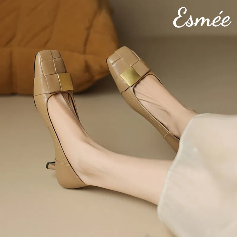 Leather High Heels with Wide Woven and Metal Buckle Design