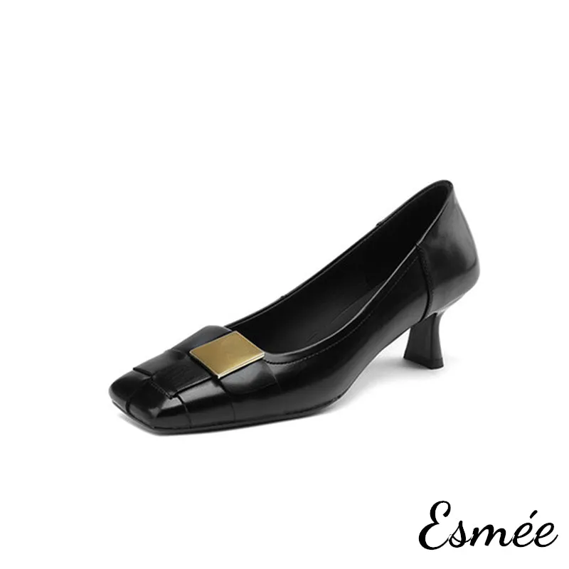 Leather High Heels with Wide Woven and Metal Buckle Design
