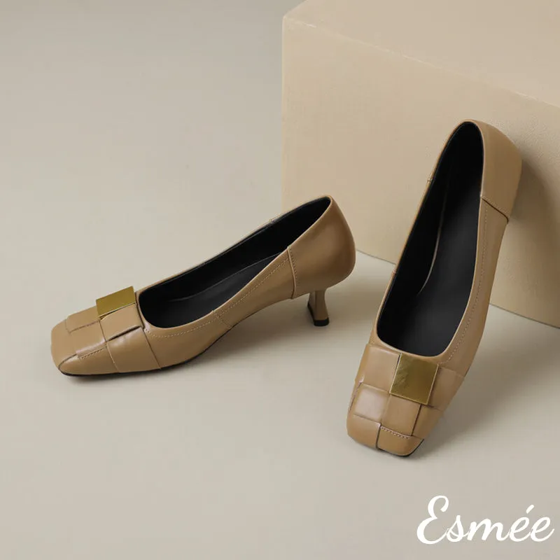 Leather High Heels with Wide Woven and Metal Buckle Design