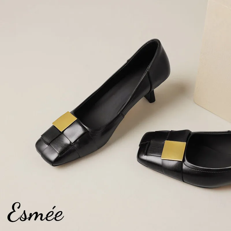 Leather High Heels with Wide Woven and Metal Buckle Design