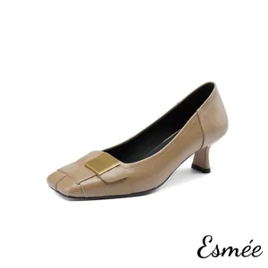 Leather High Heels with Wide Woven and Metal Buckle Design
