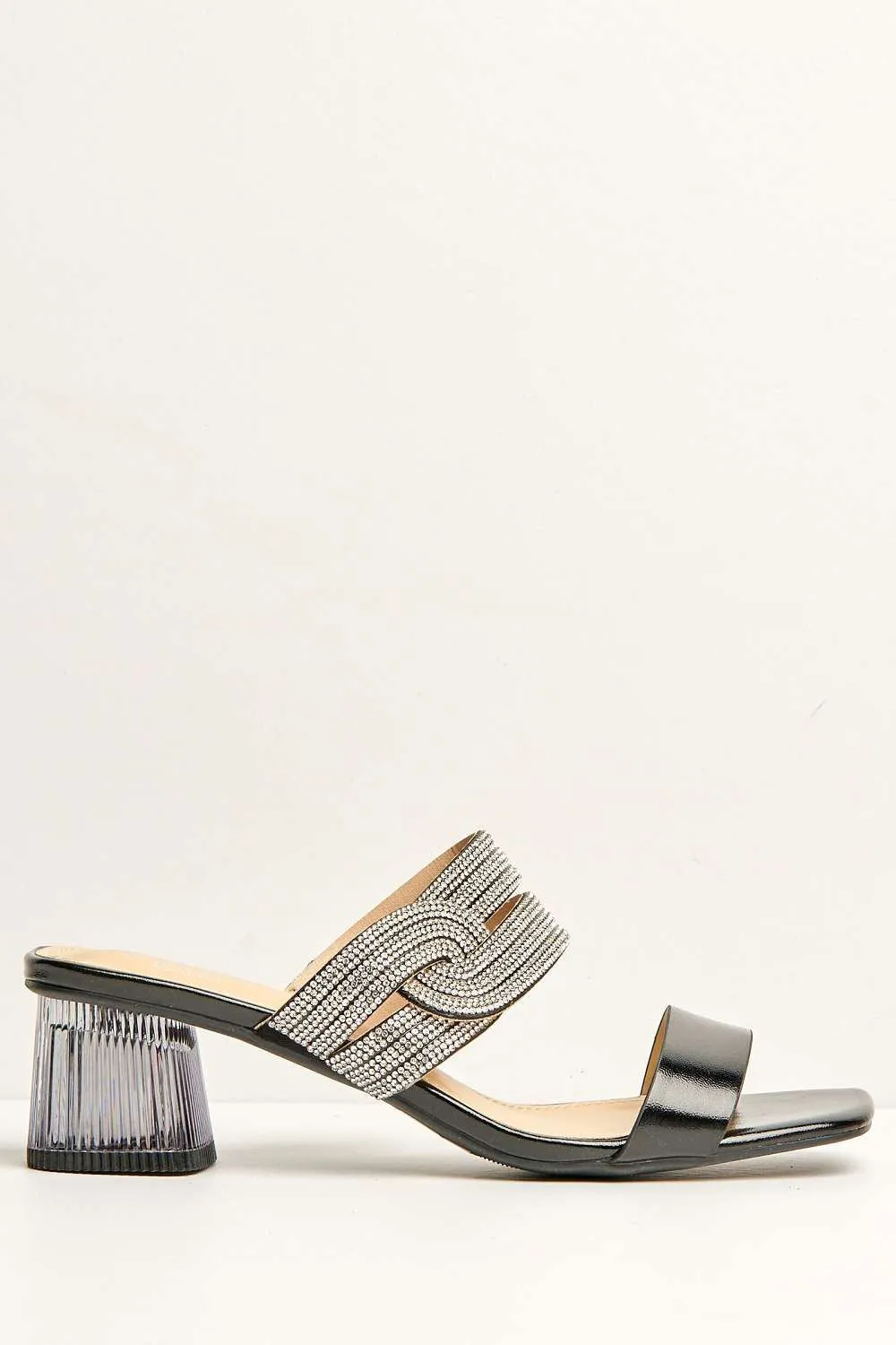 Lina Twist Diamante Band Slip On Block Heel Mule in Black