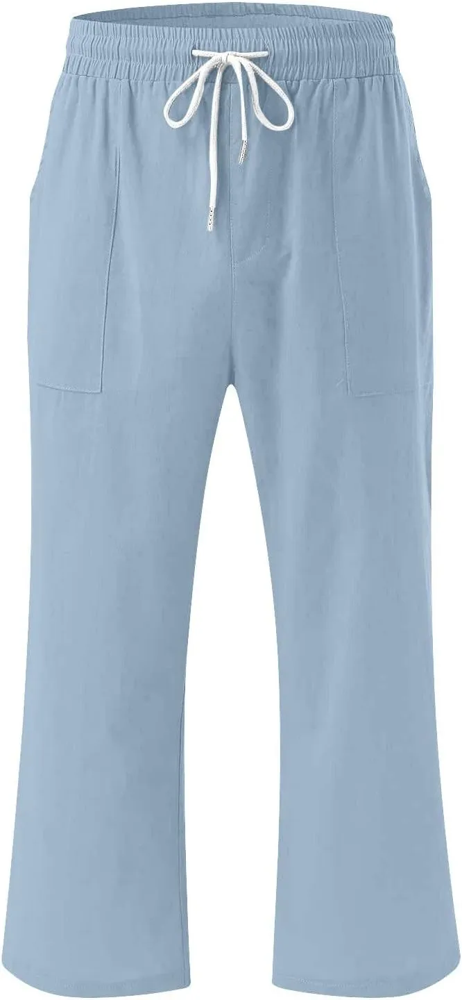 Linen Capri Pants for Women 2025 Summer Casual Elastic Waist Drawstring Pants Straight Wide Leg Cropped Trouser
