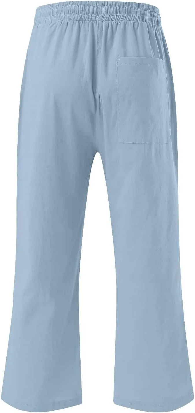 Linen Capri Pants for Women 2025 Summer Casual Elastic Waist Drawstring Pants Straight Wide Leg Cropped Trouser