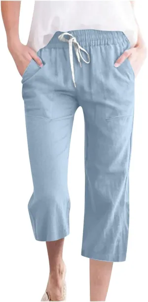 Linen Capri Pants for Women 2025 Summer Casual Elastic Waist Drawstring Pants Straight Wide Leg Cropped Trouser