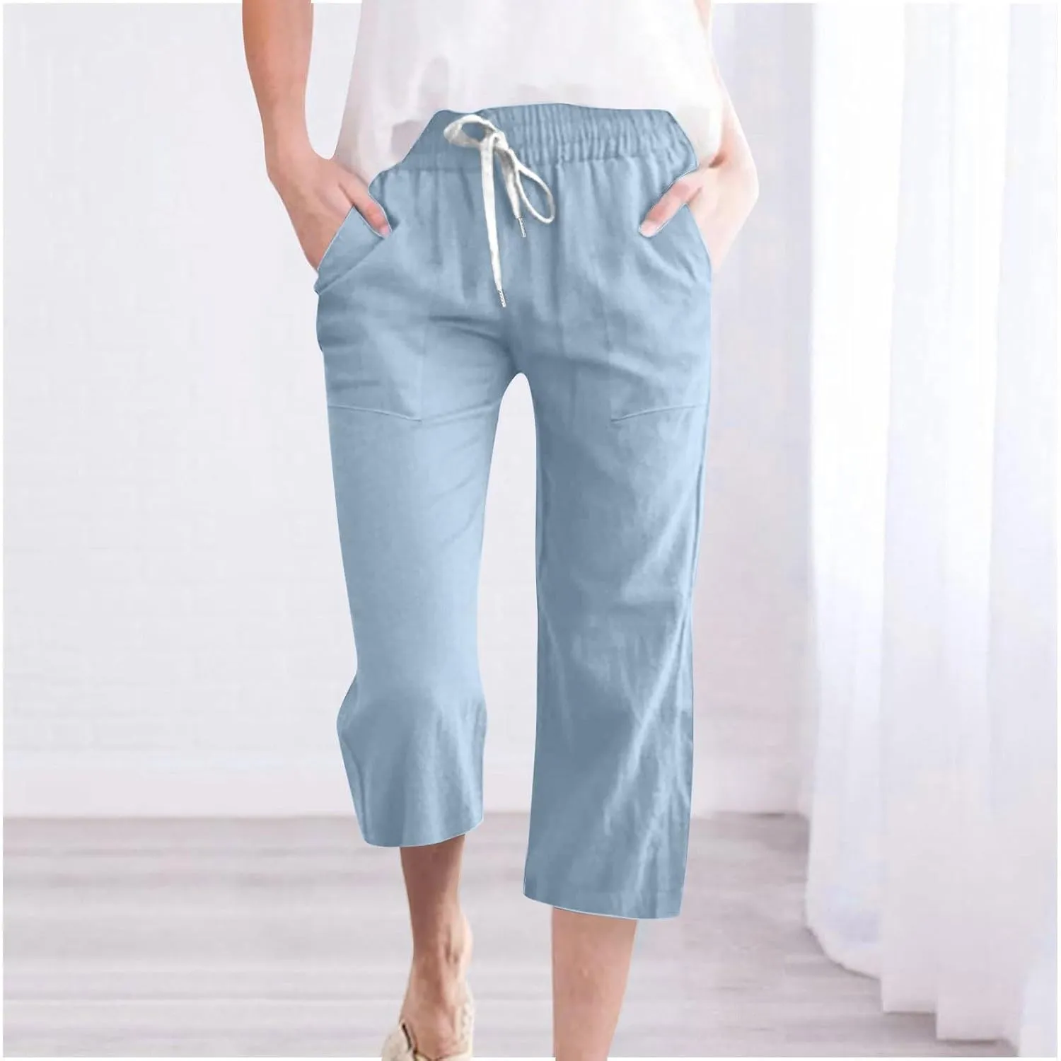 Linen Capri Pants for Women 2025 Summer Casual Elastic Waist Drawstring Pants Straight Wide Leg Cropped Trouser