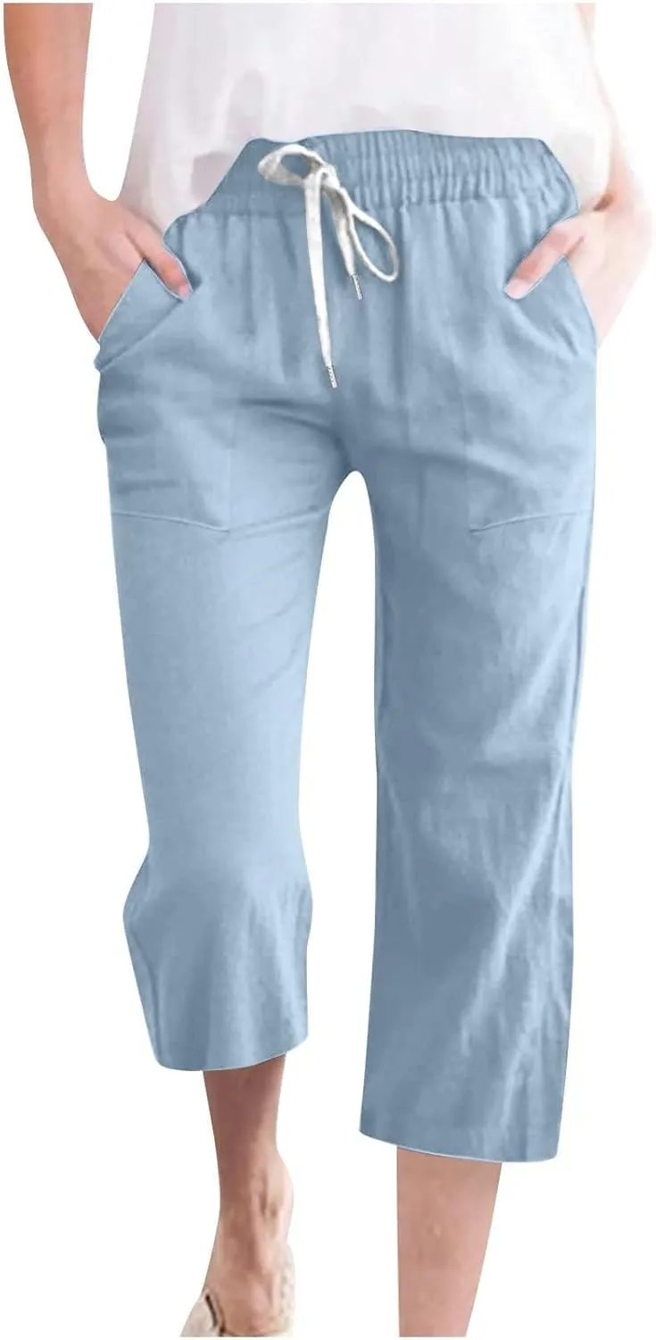 Linen Capri Pants for Women 2025 Summer Casual Elastic Waist Drawstring Pants Straight Wide Leg Cropped Trouser