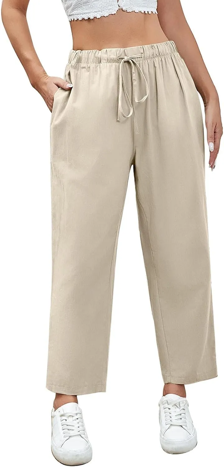 Linen Capri Pants for Women Casual High Waisted Drawstring Wide Leg Capris Summer Baggy Lounge Trousers with Pockets