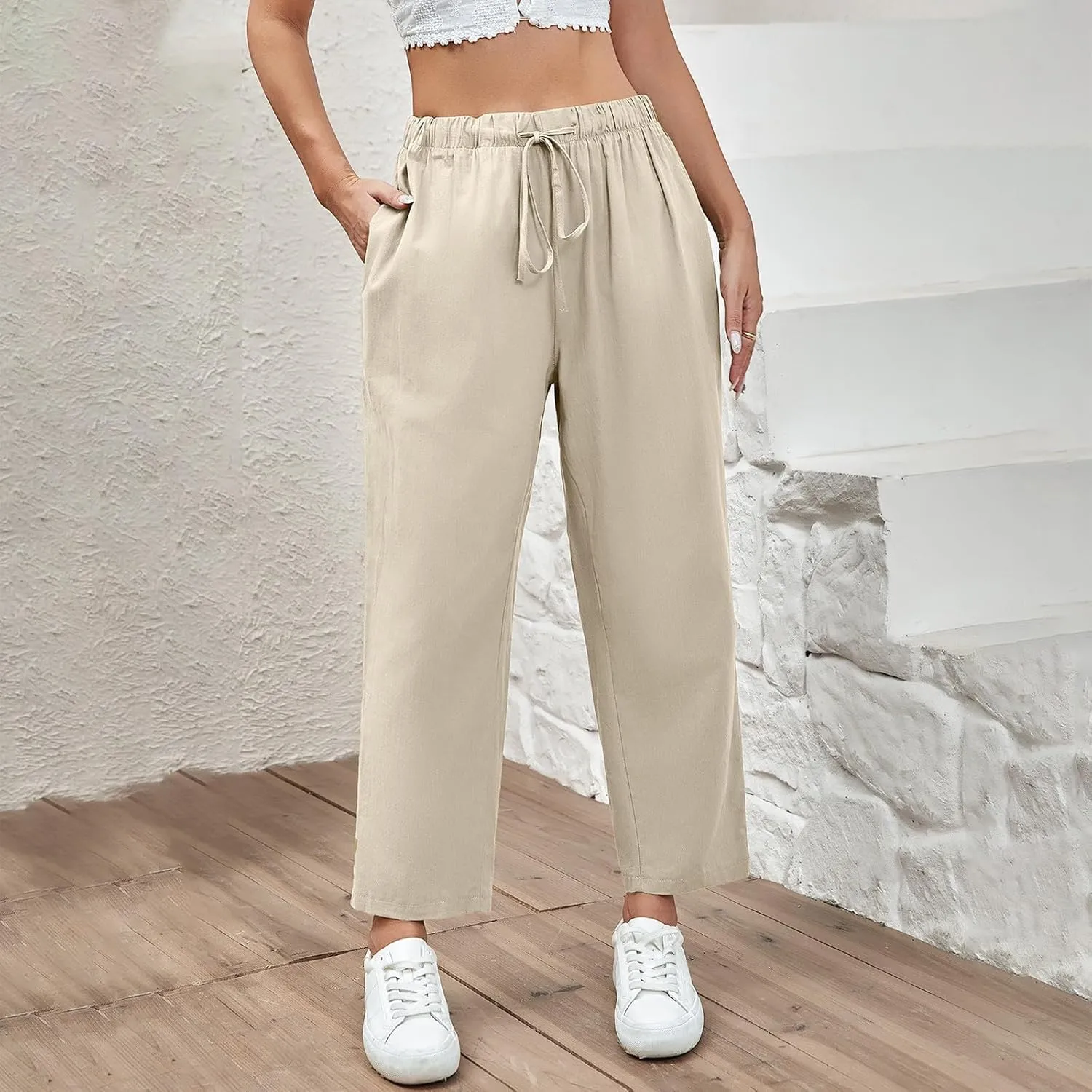 Linen Capri Pants for Women Casual High Waisted Drawstring Wide Leg Capris Summer Baggy Lounge Trousers with Pockets