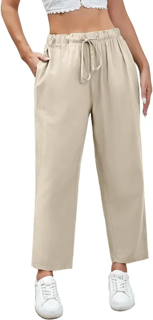 Linen Capri Pants for Women Casual High Waisted Drawstring Wide Leg Capris Summer Baggy Lounge Trousers with Pockets