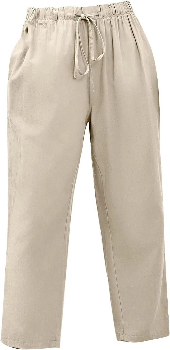 Linen Capri Pants for Women Casual High Waisted Drawstring Wide Leg Capris Summer Baggy Lounge Trousers with Pockets