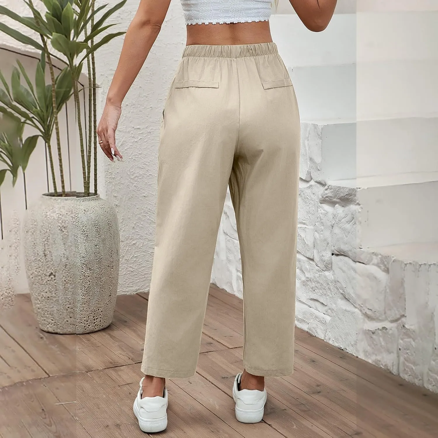 Linen Capri Pants for Women Casual High Waisted Drawstring Wide Leg Capris Summer Baggy Lounge Trousers with Pockets