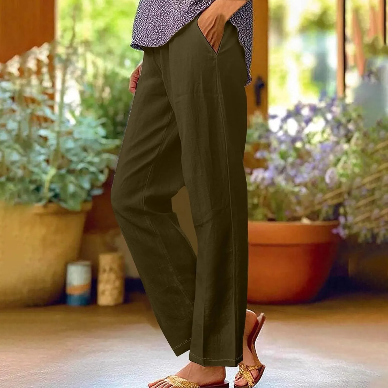 Linen Capri Pants for Women High Waisted Wide Leg Lounge Pant with Pockets Comfy Soft Trousers Casual Resort Wear