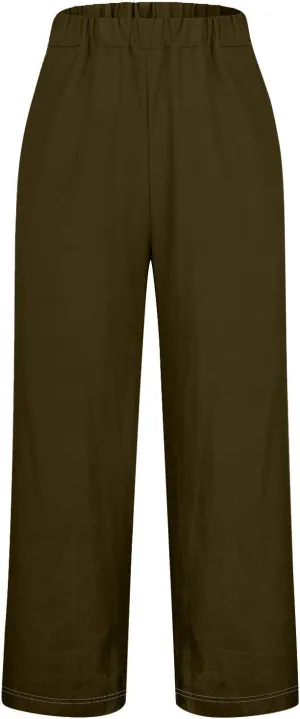Linen Capri Pants for Women High Waisted Wide Leg Lounge Pant with Pockets Comfy Soft Trousers Casual Resort Wear