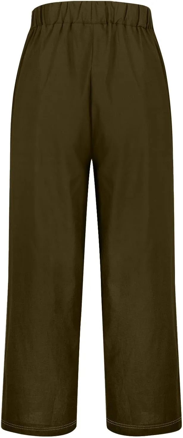 Linen Capri Pants for Women High Waisted Wide Leg Lounge Pant with Pockets Comfy Soft Trousers Casual Resort Wear