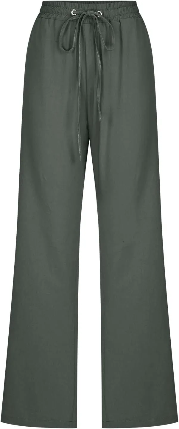 Linen Pants for Women 2024 Summer Casual Drawstring Elastic High Waist Pants Wide Leg Long Trouser with Pockets