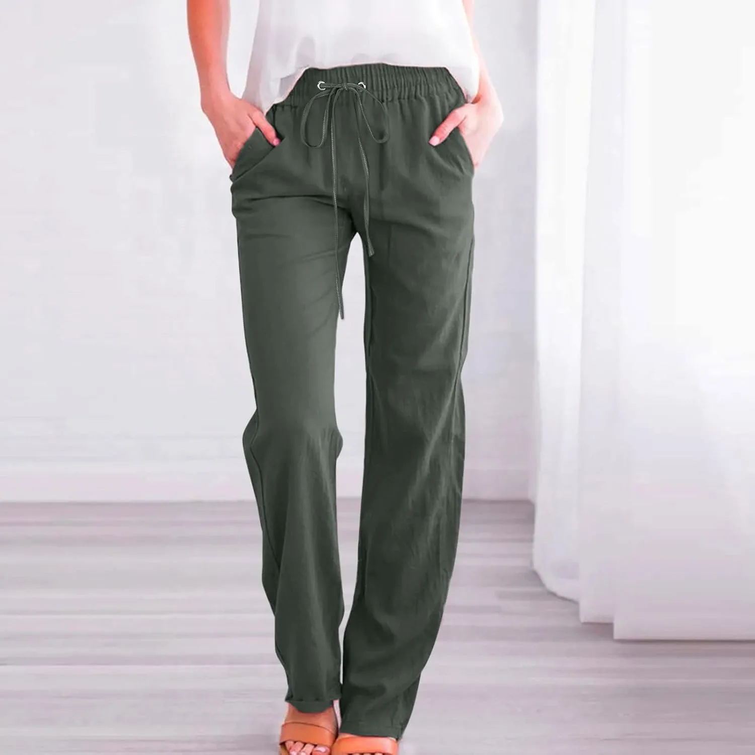 Linen Pants for Women 2024 Summer Casual Drawstring Elastic High Waist Pants Wide Leg Long Trouser with Pockets