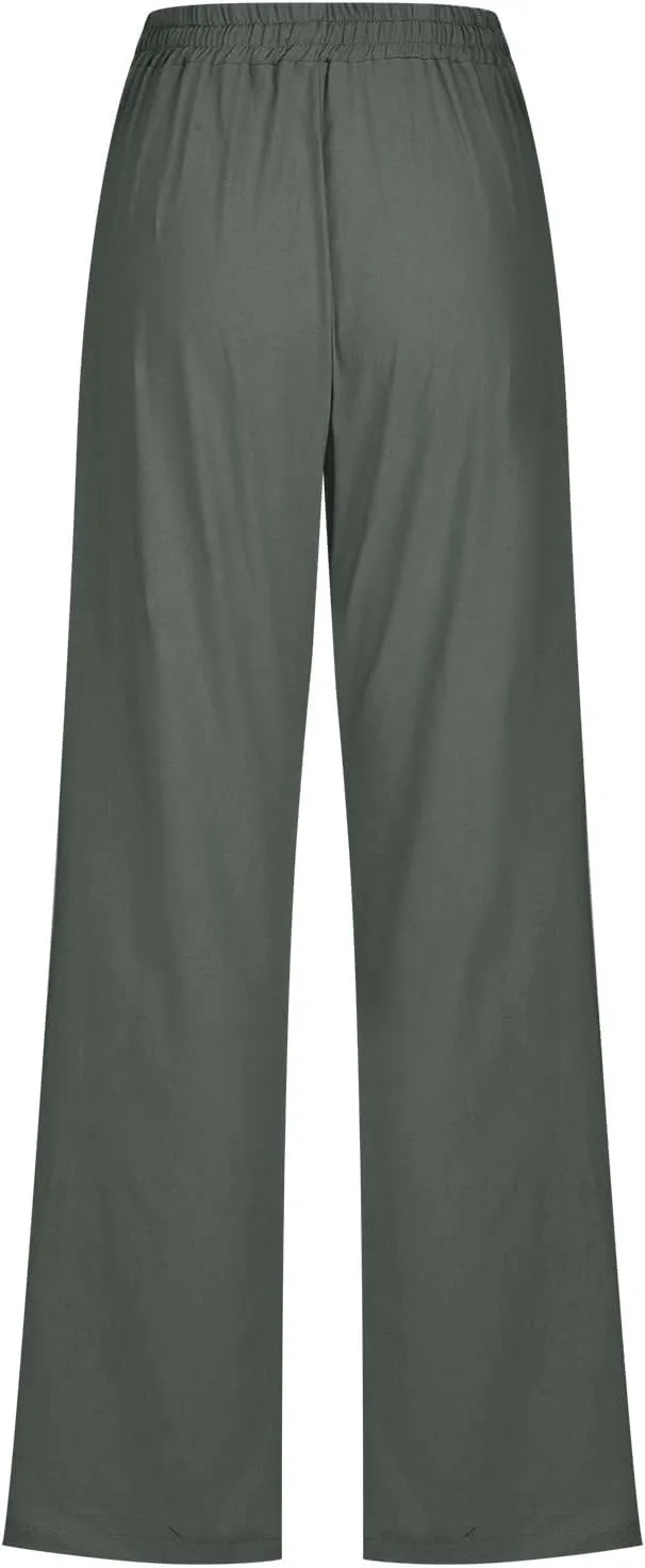 Linen Pants for Women 2024 Summer Casual Drawstring Elastic High Waist Pants Wide Leg Long Trouser with Pockets