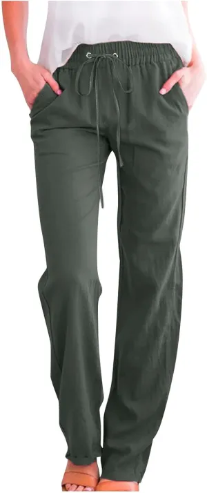 Linen Pants for Women 2024 Summer Casual Drawstring Elastic High Waist Pants Wide Leg Long Trouser with Pockets